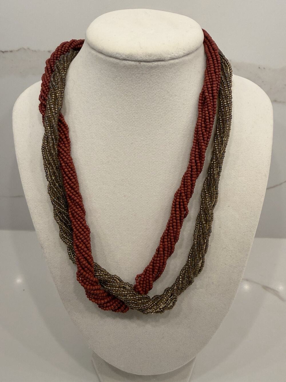 Vintage Multi Strand Twisted Seed Bead Necklace Terracotta Gold Tone 68g
